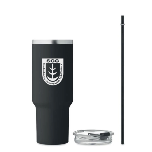 Trinkbecher mit Henkel | 1,2 L schwarz | Edelstahl | SCC Gelb-Weiß Stockhausen e.V.