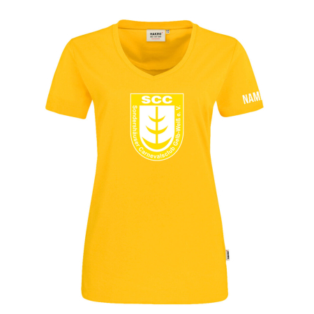 T-Shirt für Damen | Hakro V-Shirt Mikraliner | gelb, Logo groß | SCC Gelb-Weiß Stockhausen e.V.