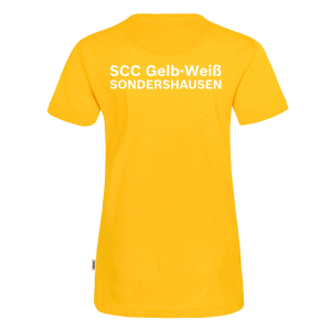 T-Shirt für Damen | Hakro V-Shirt Mikraliner | gelb, Logo groß | SCC Gelb-Weiß Stockhausen e.V.